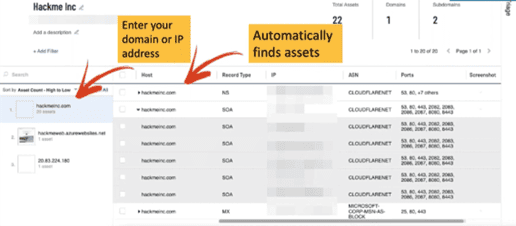 Screenshot of using Tenable continuous attack surface monitoring tool for asset mapping